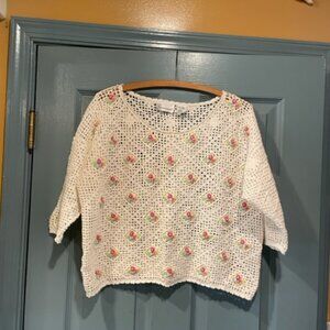 Knitted vintage top, boho, charming, white/floral, L, never worn